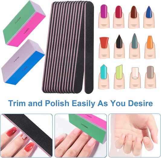 2 four-way nail buffers with color-coded sides for shaping (pink), smoothing (green), buffing (blue), and polishing (white)