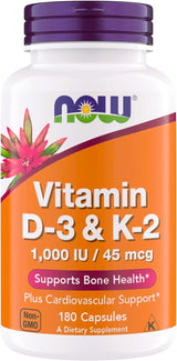 NOW Supplements Vitamin D3 K2 1000 IU 45 mcg Veg Capsules – Morning Supplement Station Support for Long-Term Skeletal Strength