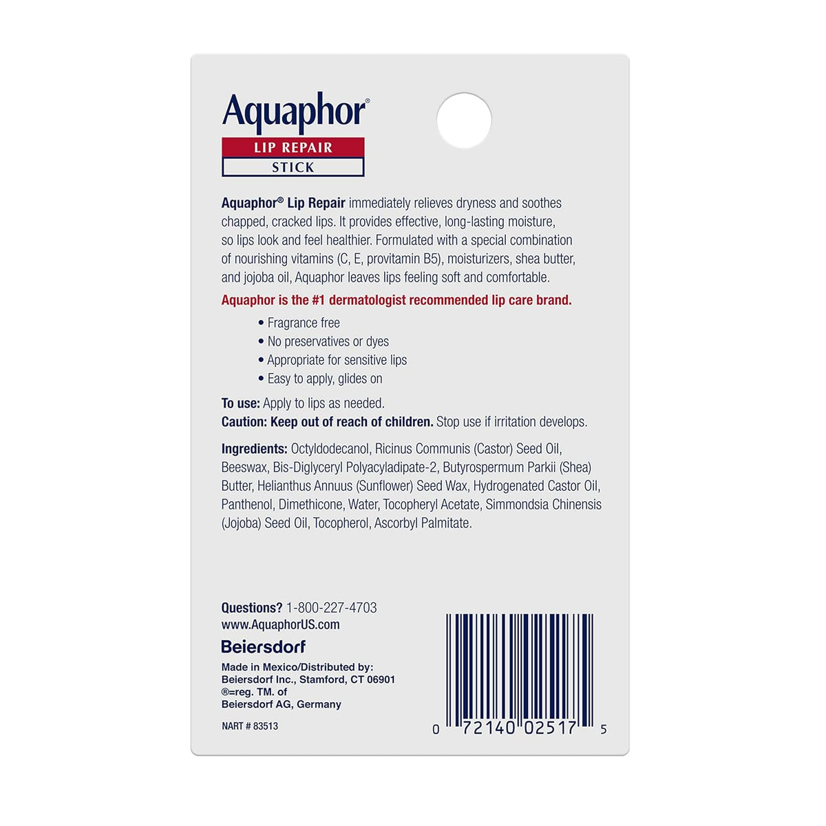 Aquaphor Lip Repair Stick – Windproof Lip Balm for Skiing, Hiking, and Winter Commutes, Pack of 2