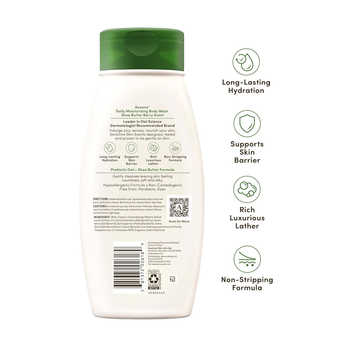 Aveeno Daily Moisturizing Body Wash with Prebiotic Oat & Shea Butter – Hypoallergenic, Paraben-Free Cleanser for Sensitive Skin