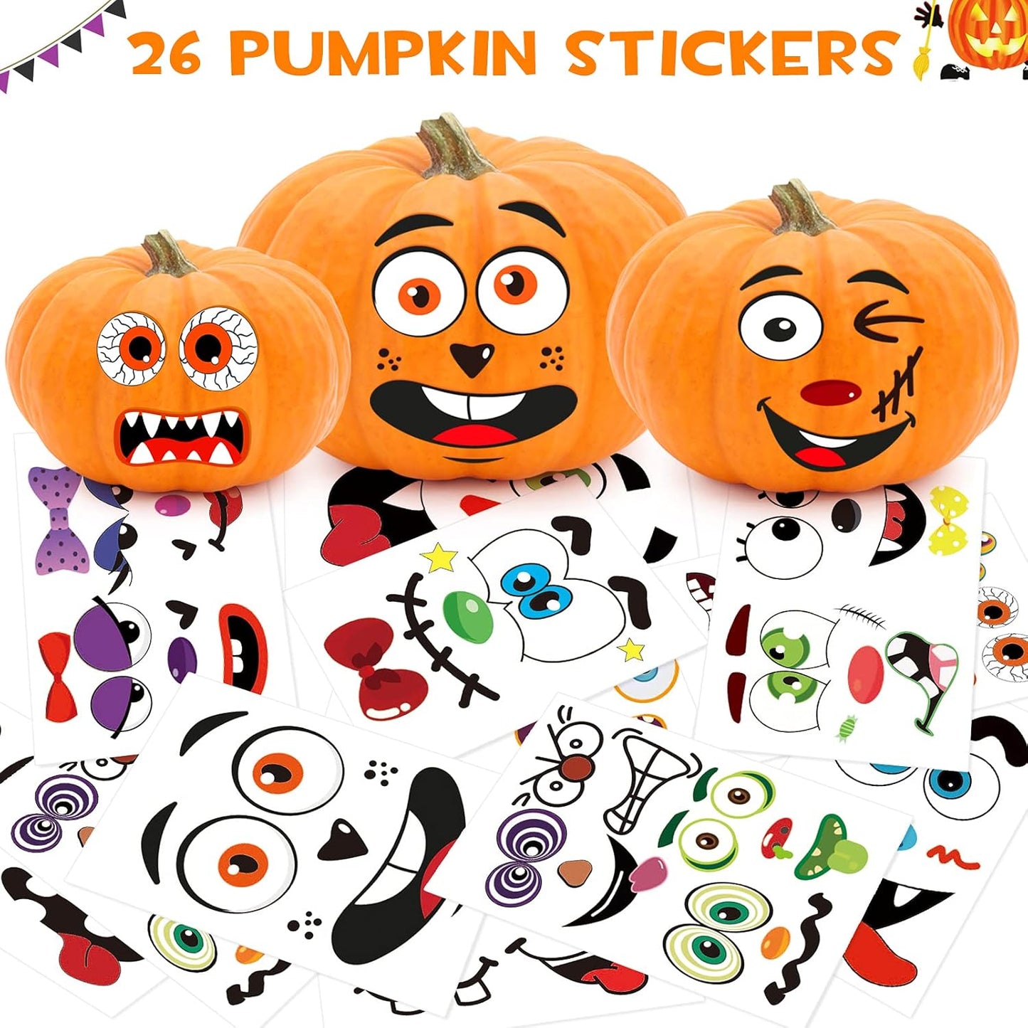 BainGsek 26 Pack Pumpkin Face Stickers – Fun Halloween Party Favor Gift for Kids, Classmates, and Party Guests