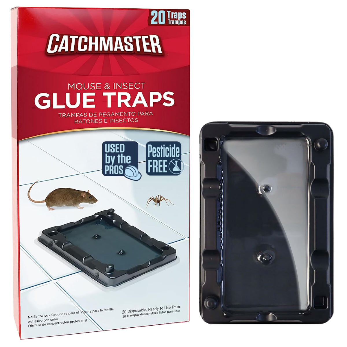 Catchmaster-20 Mouse & Insect Glue Traps, Heavy-Duty Non-Toxic Glue Traps, Sticky Mouse Traps Indoor for Home, Used by the PROs, Adhesive Rodent & Bug Catcher, Pest Control for House & Garage