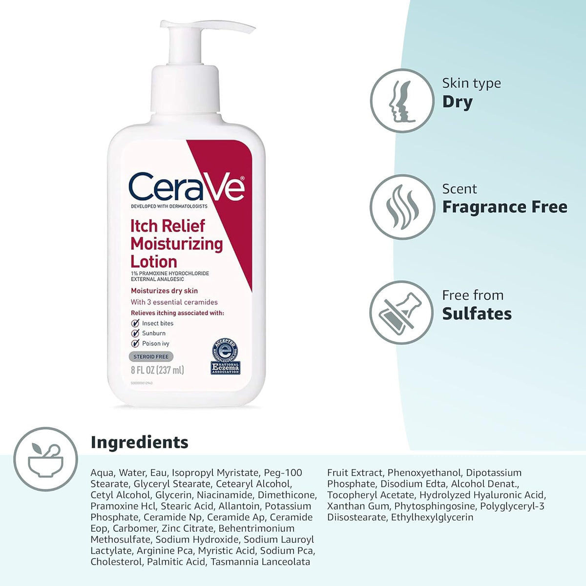 CeraVe Anti-Itch Lotion for Kids and Family, Steroid Free Bug Bite and Sunburn Relief for Sensitive Skin 8 oz