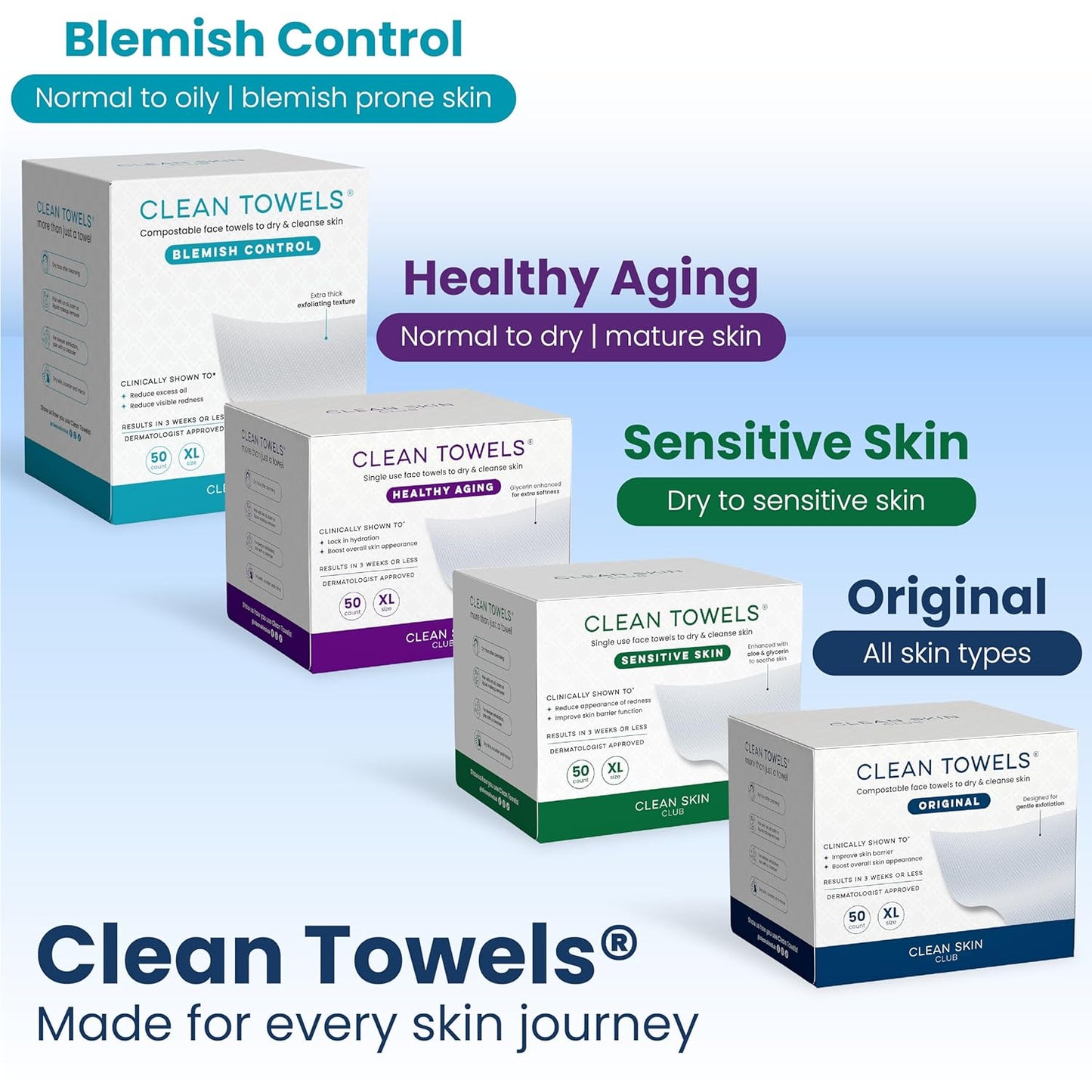 Clean Skin Club Clean Towels XL Variety 4-Pack – Mindful Cleansing Towels for Bedtime Skincare Rituals