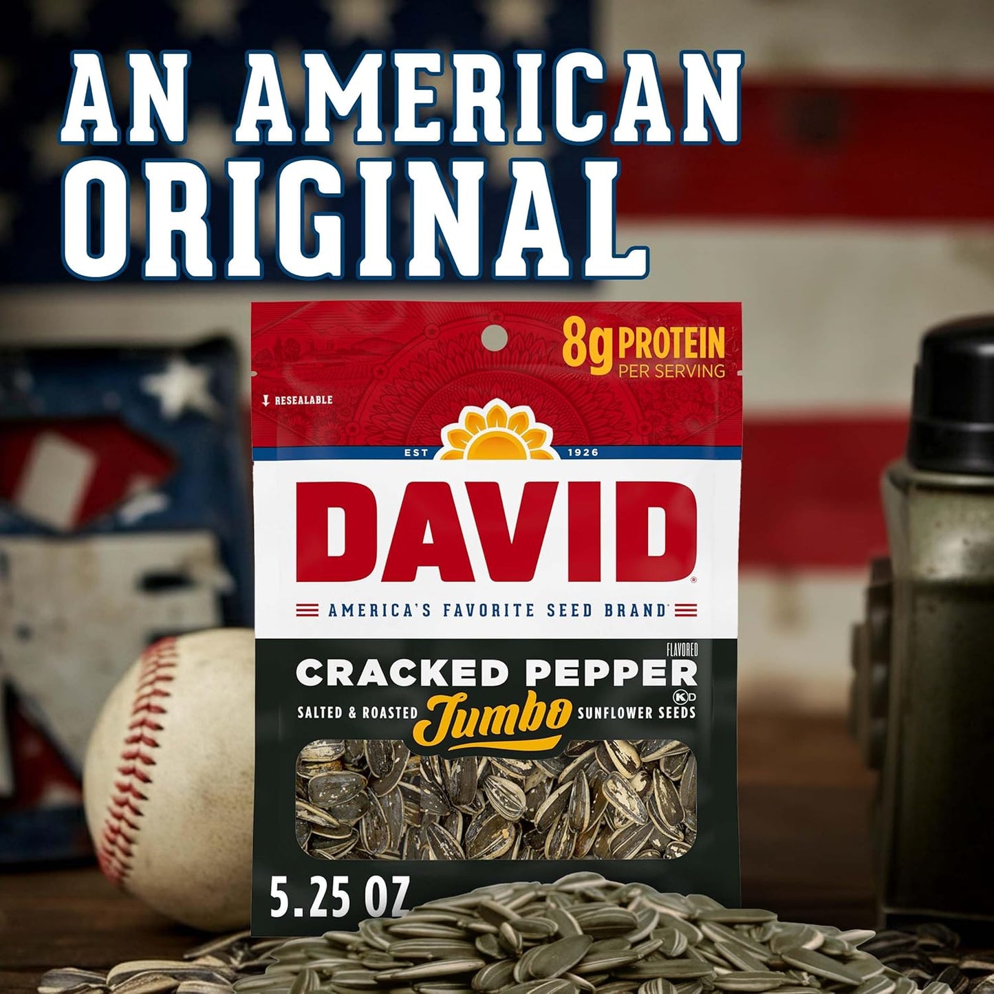 DAVID Cracked Pepper Sunflower Seeds – Durable Road Trip and Tailgate Snack for Open-Air Chewing, Jumbo Roasted, 5.25 oz