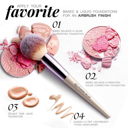 high-density synthetic bristles that resist shedding and work with liquid, cream, and powder products