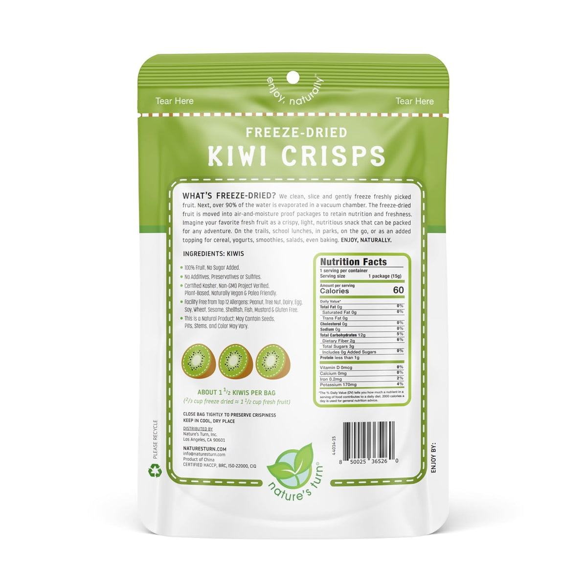Nature's Turn Sour Kiwi Freeze-Dried Fruit – After-School Snack for Children, No Added Sugar, 0.53 oz Bags