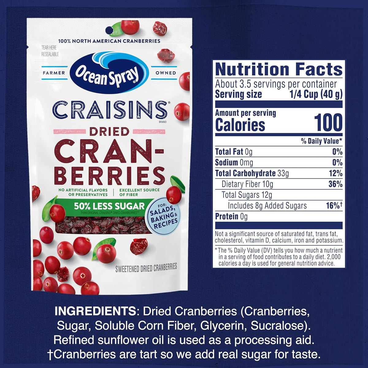 Ocean Spray Craisins 50% Less Sugar Dried Cranberries – Clean-Label Yogurt and Salad Topping for Wellness Routines, 5 oz Pouches, 12 Pack