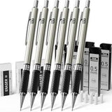 0.5mm Metal Pencil Set – Study Desk Essential for Grade-School Students, 6 Pack with Rhombus Grip and Case