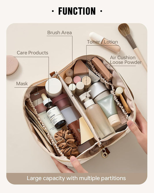 two separate cosmetic compartments plus multiple side pockets for small essentials