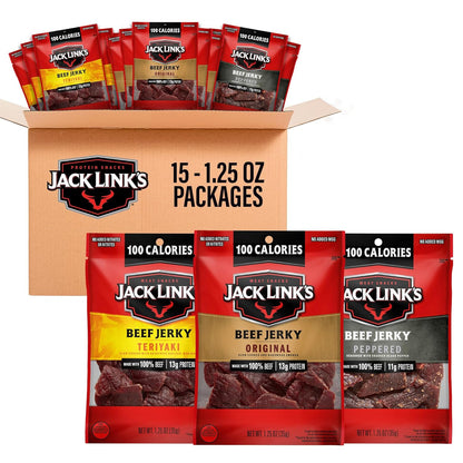 1.25 oz single-serve bags in a 15- or 30-count bulk pack (6 original, 5 teriyaki, 4 peppered in the 15-pack)