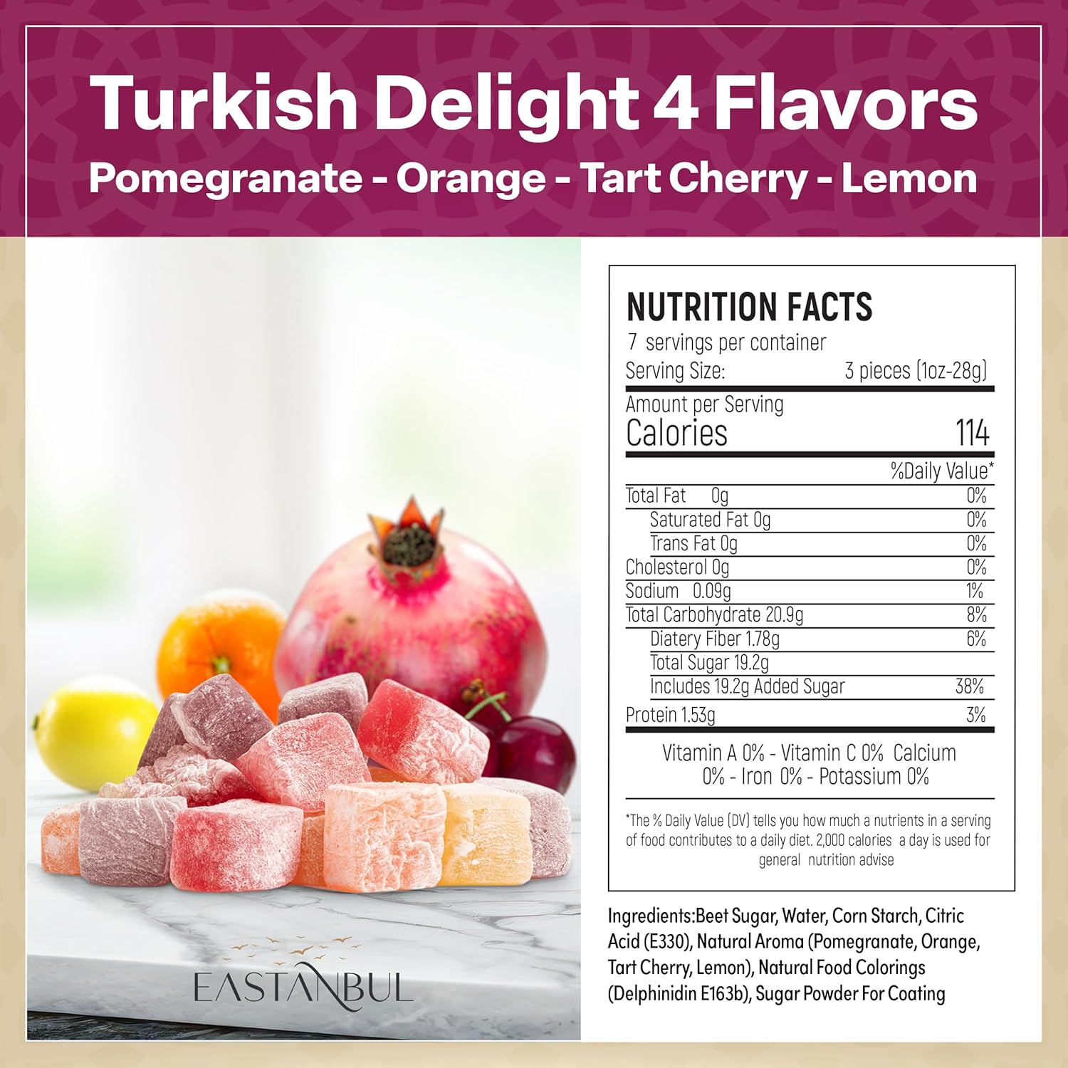 10.5 oz (0.5 lb) single-size box with powdered sugar coating for freshness