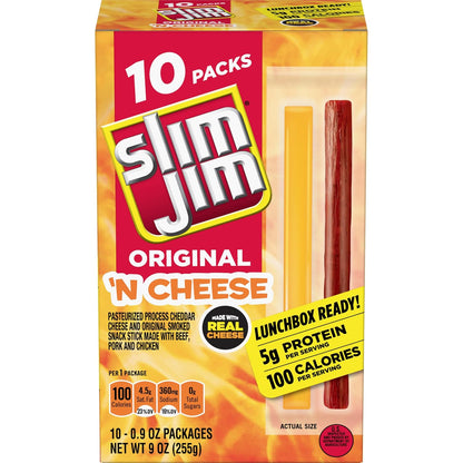 10 individually wrapped 0.9 oz meat-and-cheese sticks per box, plus a 33.6 oz twin-pack variant for bulk buyers