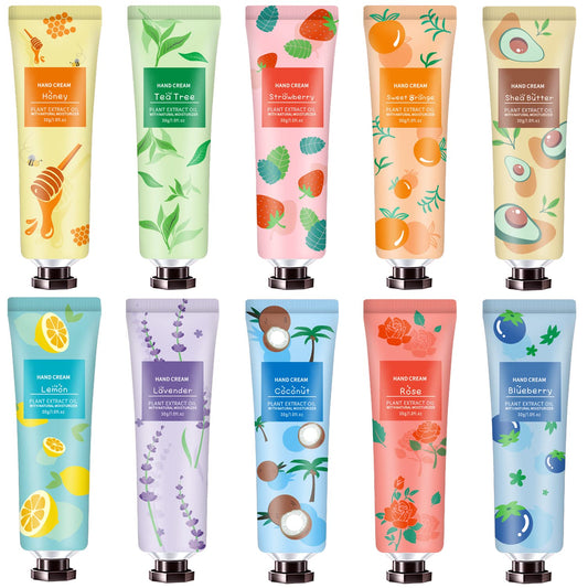 10-pack with 10 distinct natural plant fragrances (shea butter, honey, strawberry, lavender, coconut, rose, lemon, tea tree, sweet orange, blueberry)