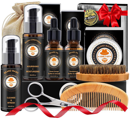 10-piece complete set: beard wash, conditioner, beard oil, beard balm, comb, brush, scissors, travel bag, and e-book
