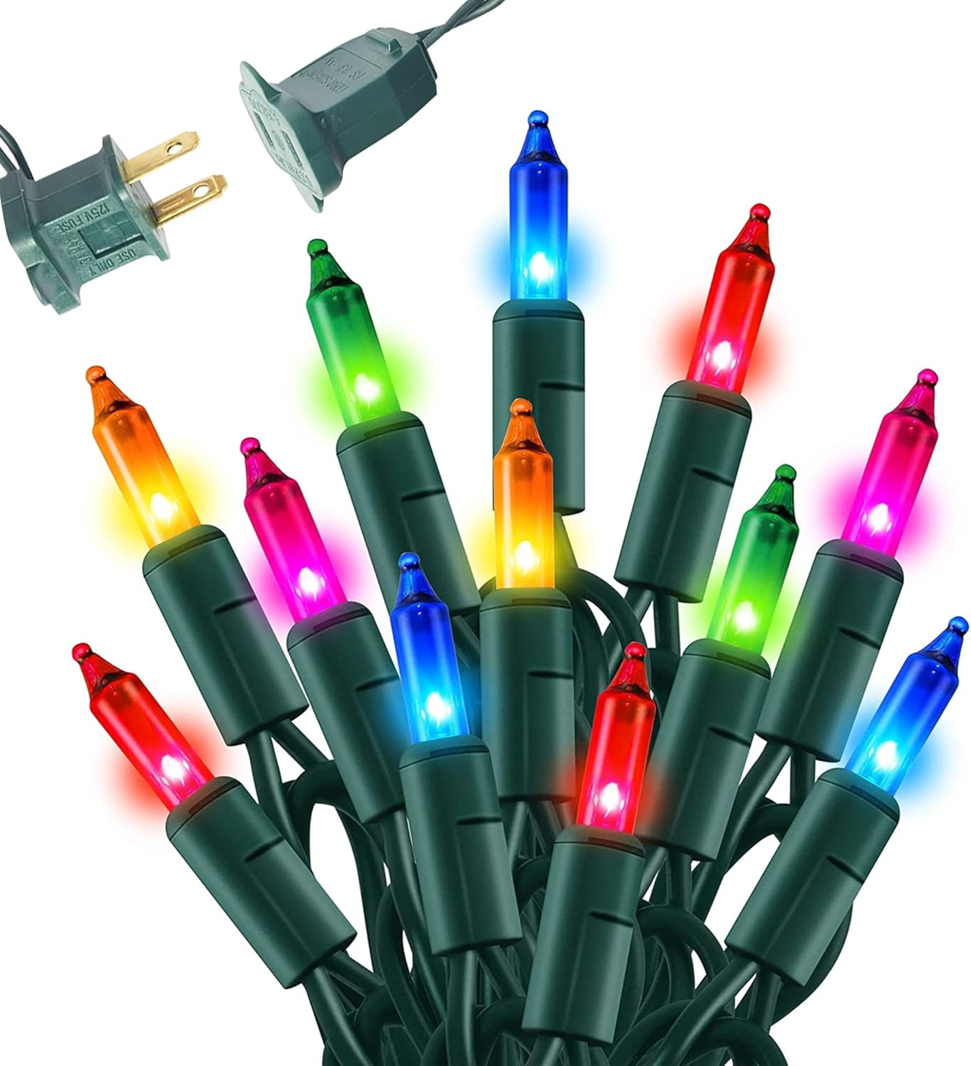 100 incandescent multicolor bulbs on 18.5 ft string with 2.25-inch spacing