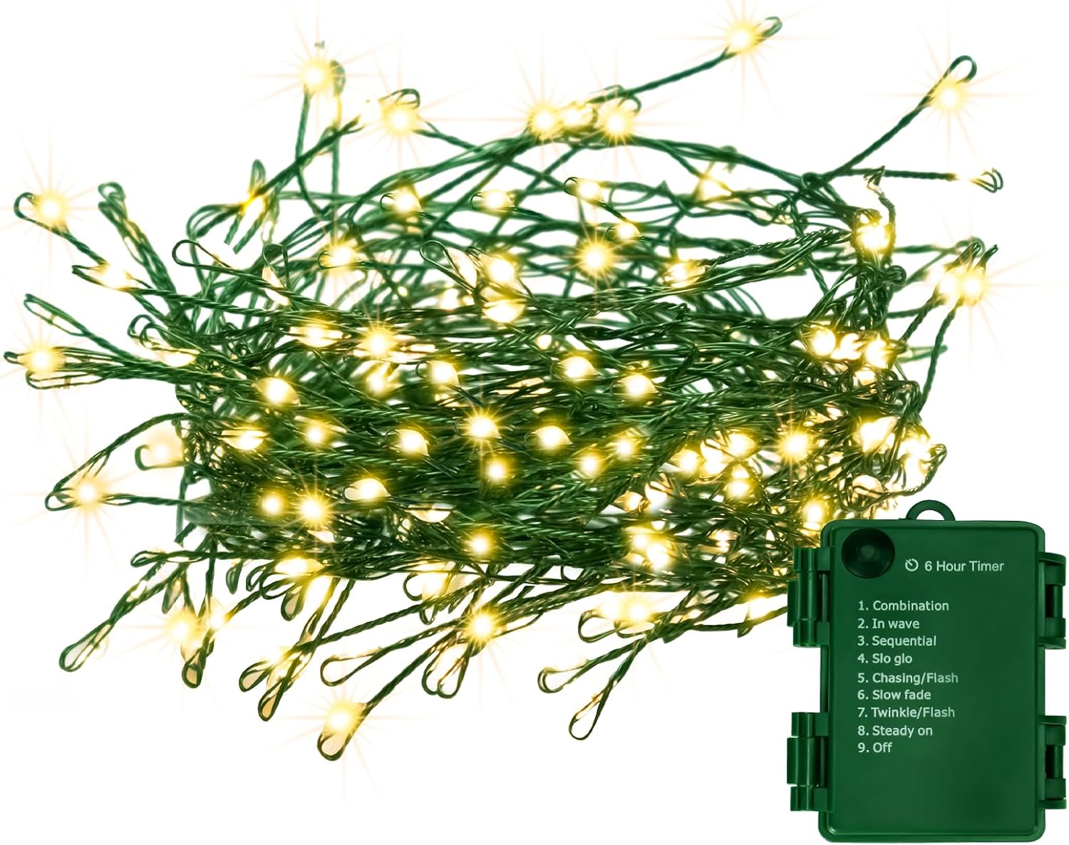 10ft (and 33ft/66ft variants) green bendable copper wire on 100 or 200 micro leds at 3000k warm white