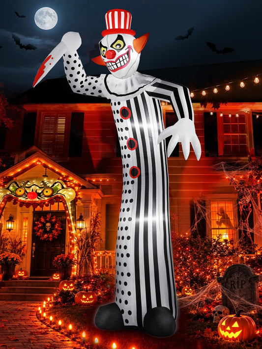 12-foot-tall creepy clown inflatable with red-striped top hat and blood-stained knife detailing