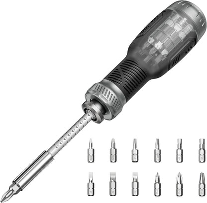 12 interchangeable bits covering flathead, philips, torx, hex, and square heads plus a 1/4" nut driver