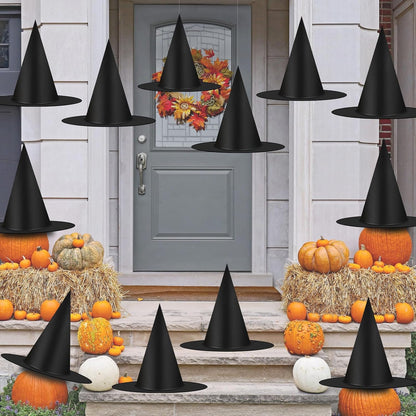 12-pack of black oxford fabric witch hats in one package