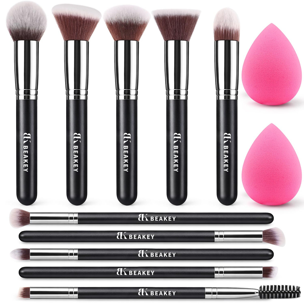12-piece set: 10 face and eye brushes plus 2 latex-free blending sponges