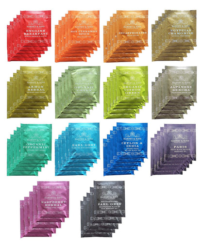 14 distinct tea varieties including hot cinnamon spice, english breakfast, earl grey, japanese sencha, and paris