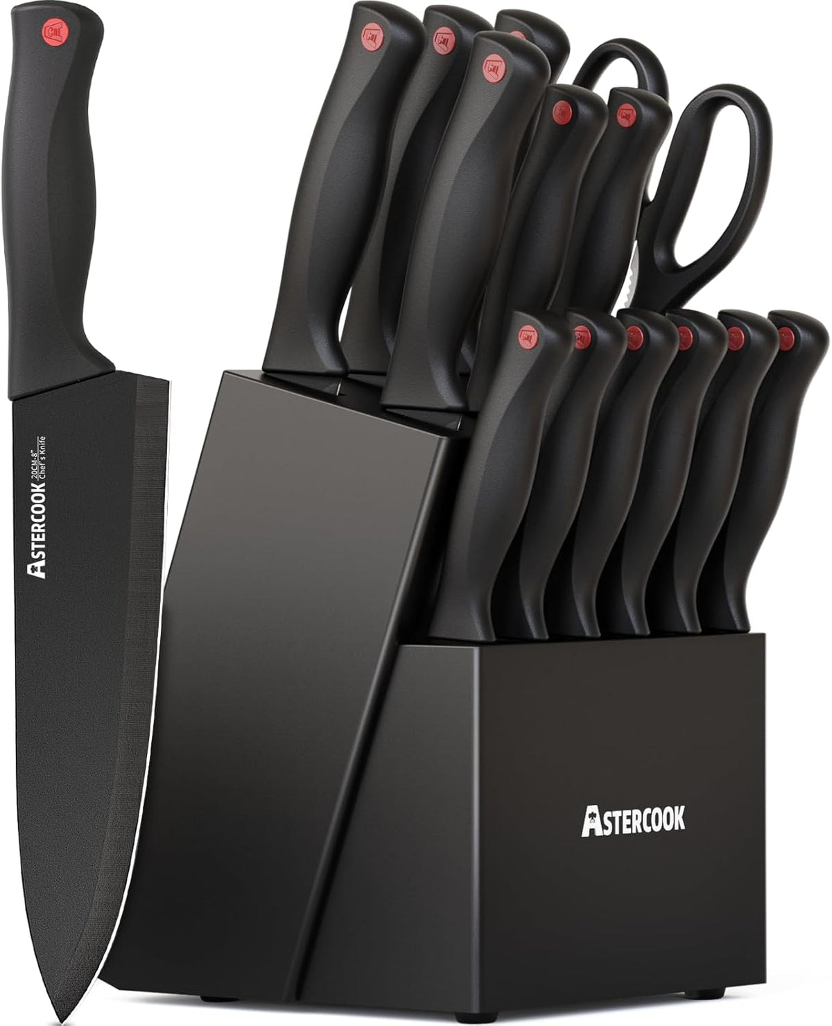 15-piece set: 8" chef, 8" slicing, 7" santoku, 8" serrated bread, 5" utility, 3.5" paring, 6 serrated steak knives, kitchen shears