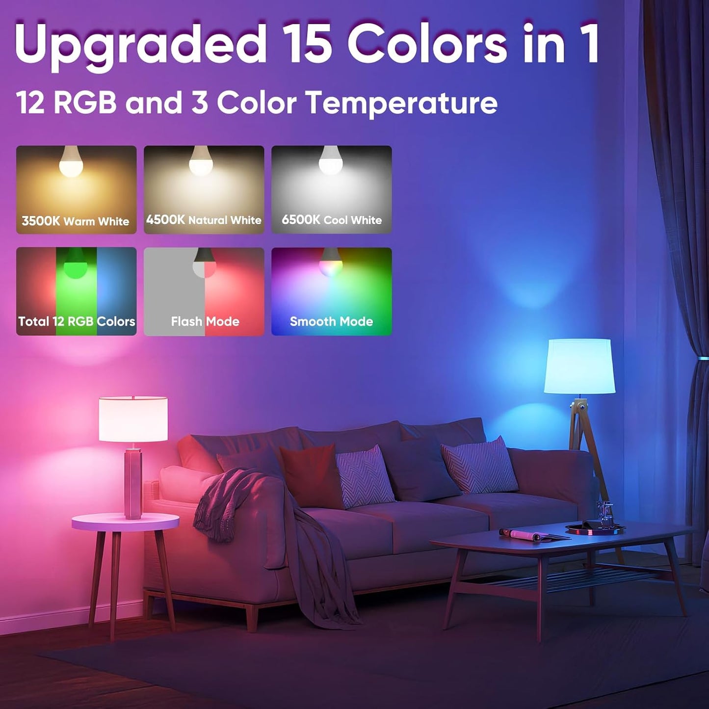 15 selectable colors: 3cct white tones plus 12 rgb colors in a single a19 bulb