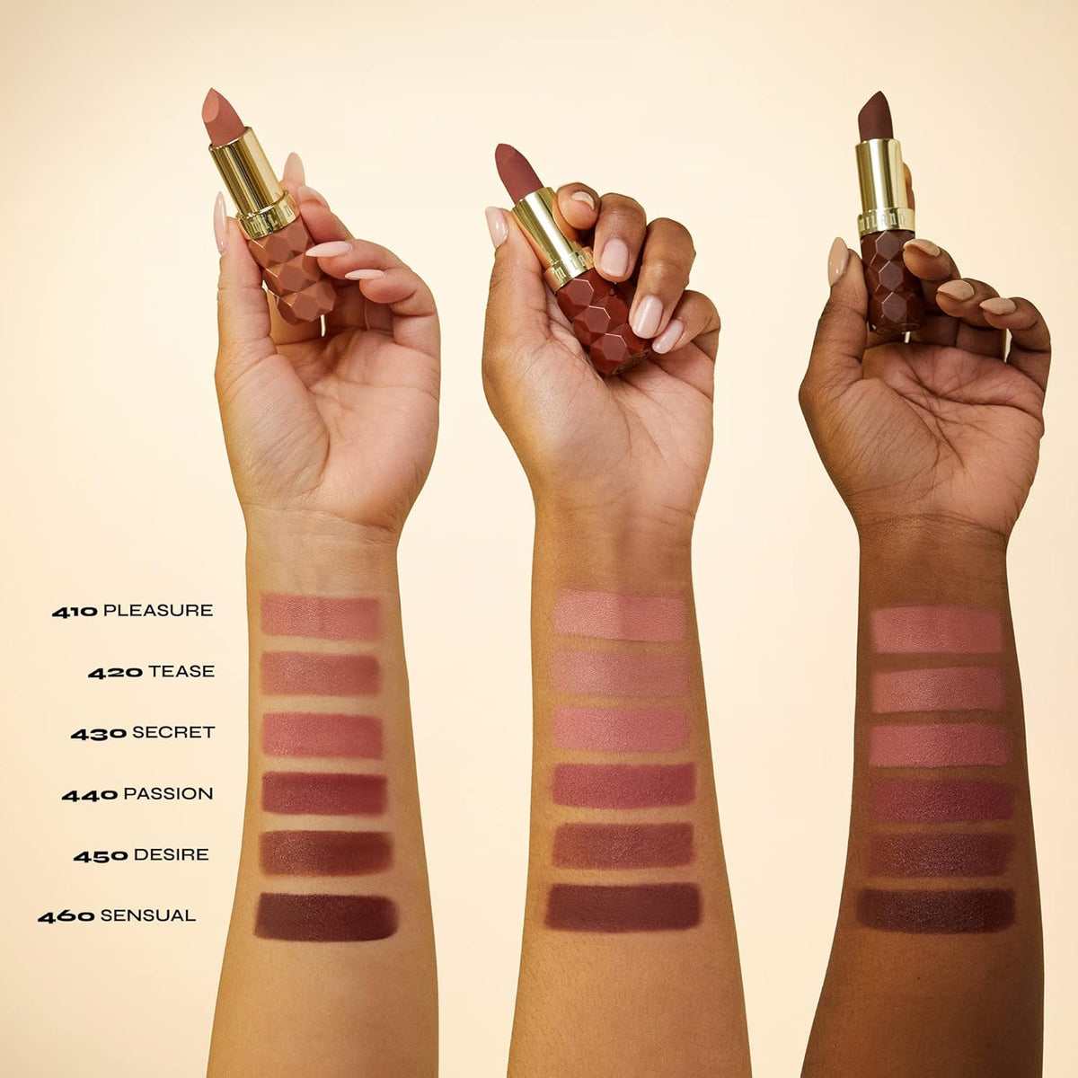 15-shade nude collection (310 peony through 460 sensual) designed for fair, medium, and deep skin tones