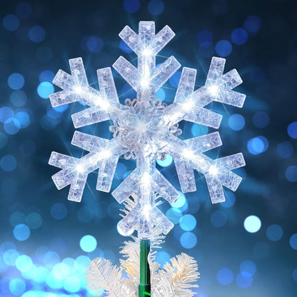 15 white led lights arranged within a 9 x 7.8 x 1.3 inch transparent snowflake frame