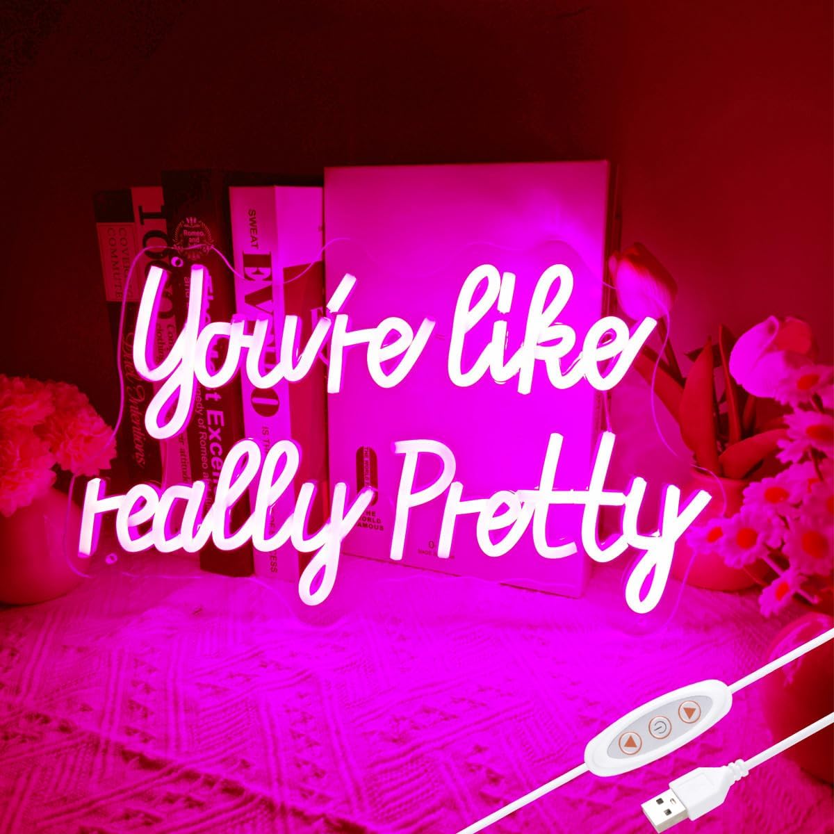 15 x 9 inch rectangular led neon sign in pink with 'you're really pretty' pre-printed text