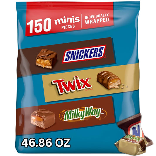 150-count bulk bag totaling 46.86 ounces of individually wrapped mini chocolate bars