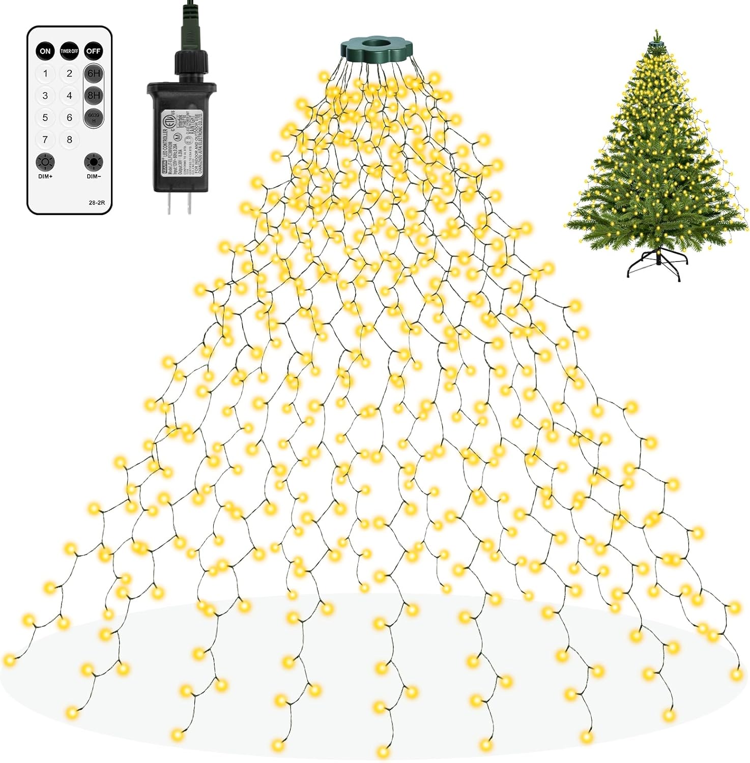 16 hanging strands of 25 leds each, totaling 400 warm white leds (available in 6.6ft or 8.2ft sizes)