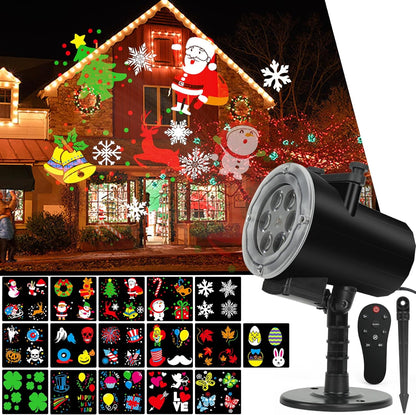 16 interchangeable holiday-themed projection slides covering halloween, christmas, thanksgiving, easter, valentine's day, and more