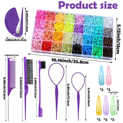 16-piece styling tool set: 2 topsy tail inverters, rat tail comb, teasing brush, double-sided edge brush, 10 bobby pins, and a rubber band cutter