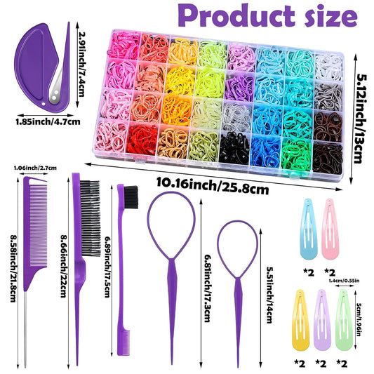 16-piece styling tool set: 2 topsy tail inverters, rat tail comb, teasing brush, double-sided edge brush, 10 bobby pins, and a rubber band cutter