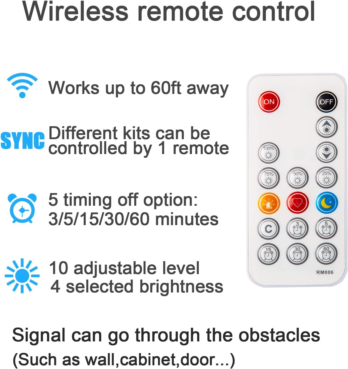 17-key rf wireless remote with dimming, timing off, hot buttons, rematch, and dynamic modes at 60ft range