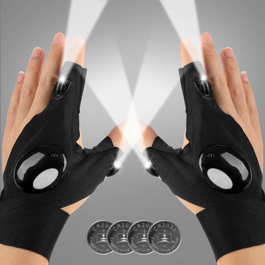 2 bright leds mounted on the index finger and thumb for directional, handsfree lighting