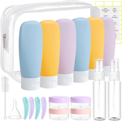 20-piece kit including 6 squeeze bottles (2oz), 4 cream jars (0.3oz), 2 spray bottles (1oz), funnel, cleaning brush, spoons, and pre-printed labels