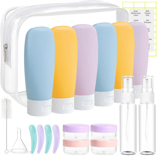 20-piece kit including 6 squeeze bottles (2oz), 4 cream jars (0.3oz), 2 spray bottles (1oz), funnel, cleaning brush, spoons, and pre-printed labels