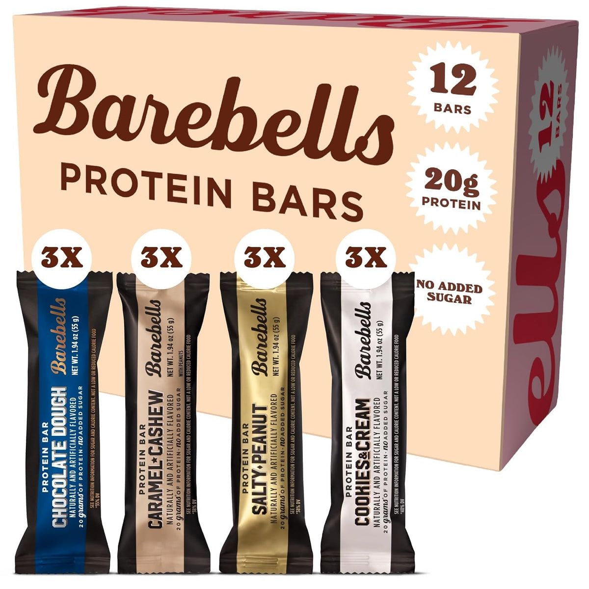20g protein per bar sourced from milk protein blend (casein + whey), whey isolate, and soy isolate