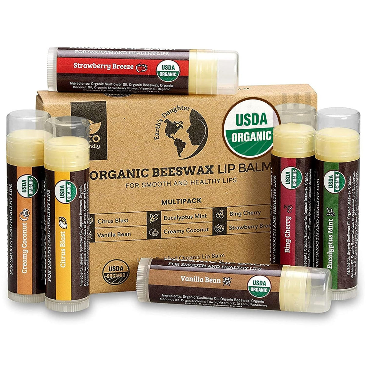 21 variants covering organic variety 6-pack, single-flavor 4-packs, tinted shades, vegan formula, and spf 15/30 versions