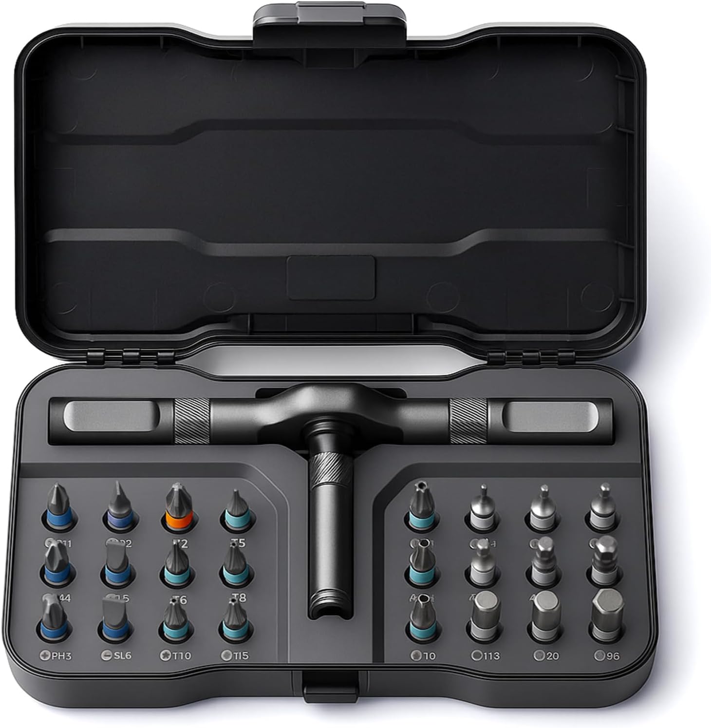 24 interchangeable s2 steel bits covering phillips, flathead, hex, and torx heads