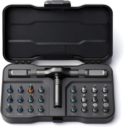 24 interchangeable s2 steel bits covering phillips, flathead, hex, and torx heads