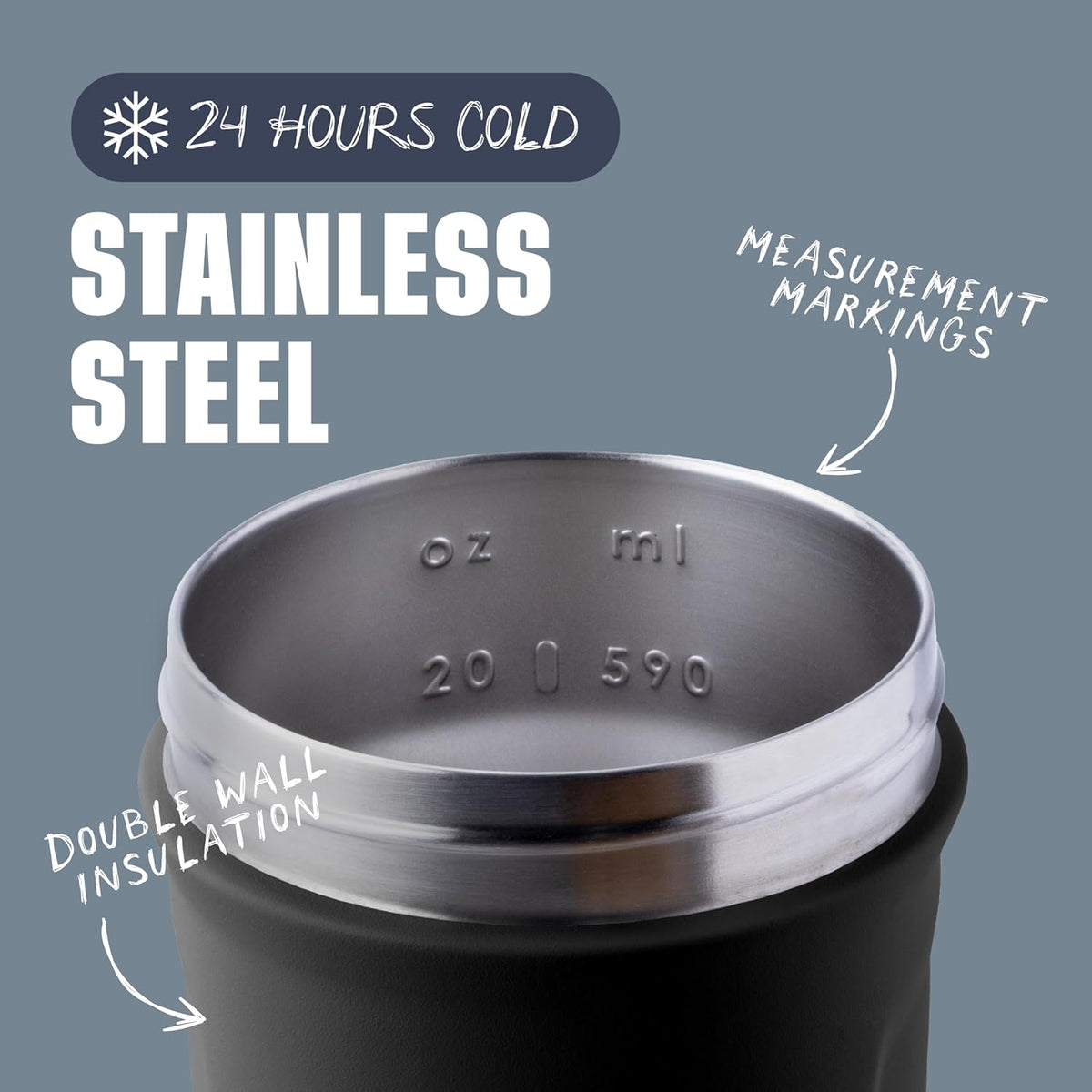 24-ounce total capacity with interior measurement markings up to 20 ounces