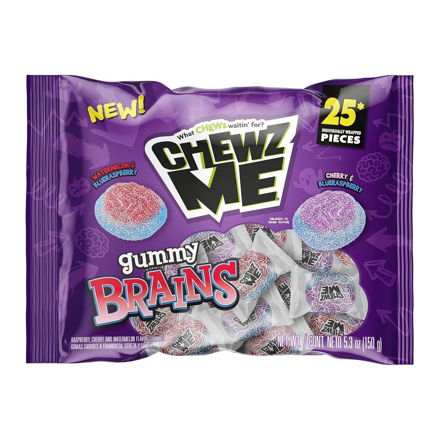 25 individually wrapped brain-shaped gummy candies per pack