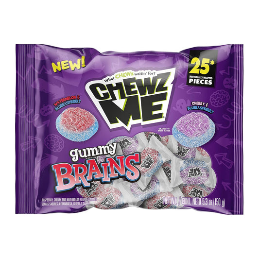 25 individually wrapped brain-shaped gummy candies per pack