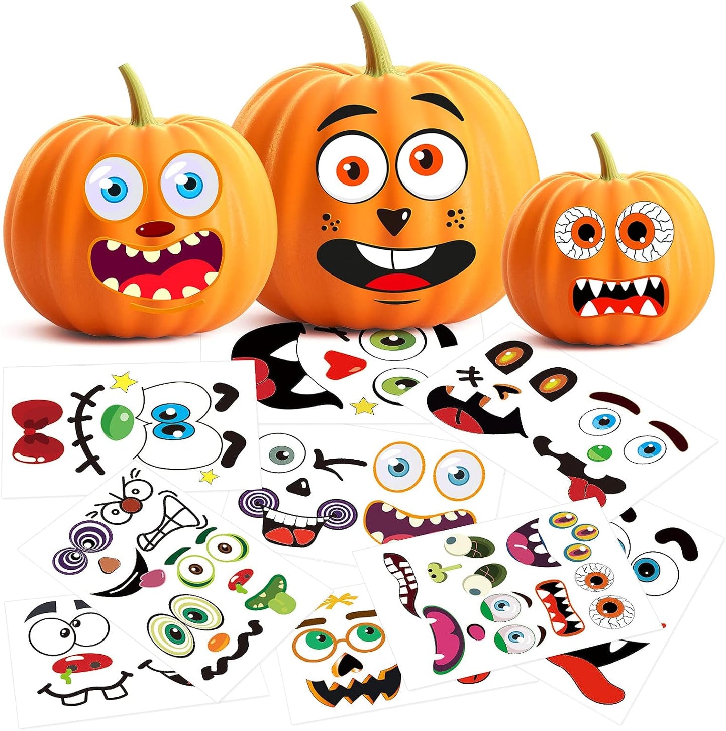 26-pack containing 56 different funny pumpkin face stickers