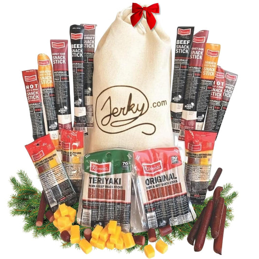 26-piece assortment (or 52-piece upgraded variant) of beef jerky, beef sticks, meat sticks, and cheese sticks
