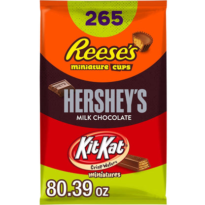 265 individually wrapped miniature chocolate pieces in a single 80 oz bulk bag